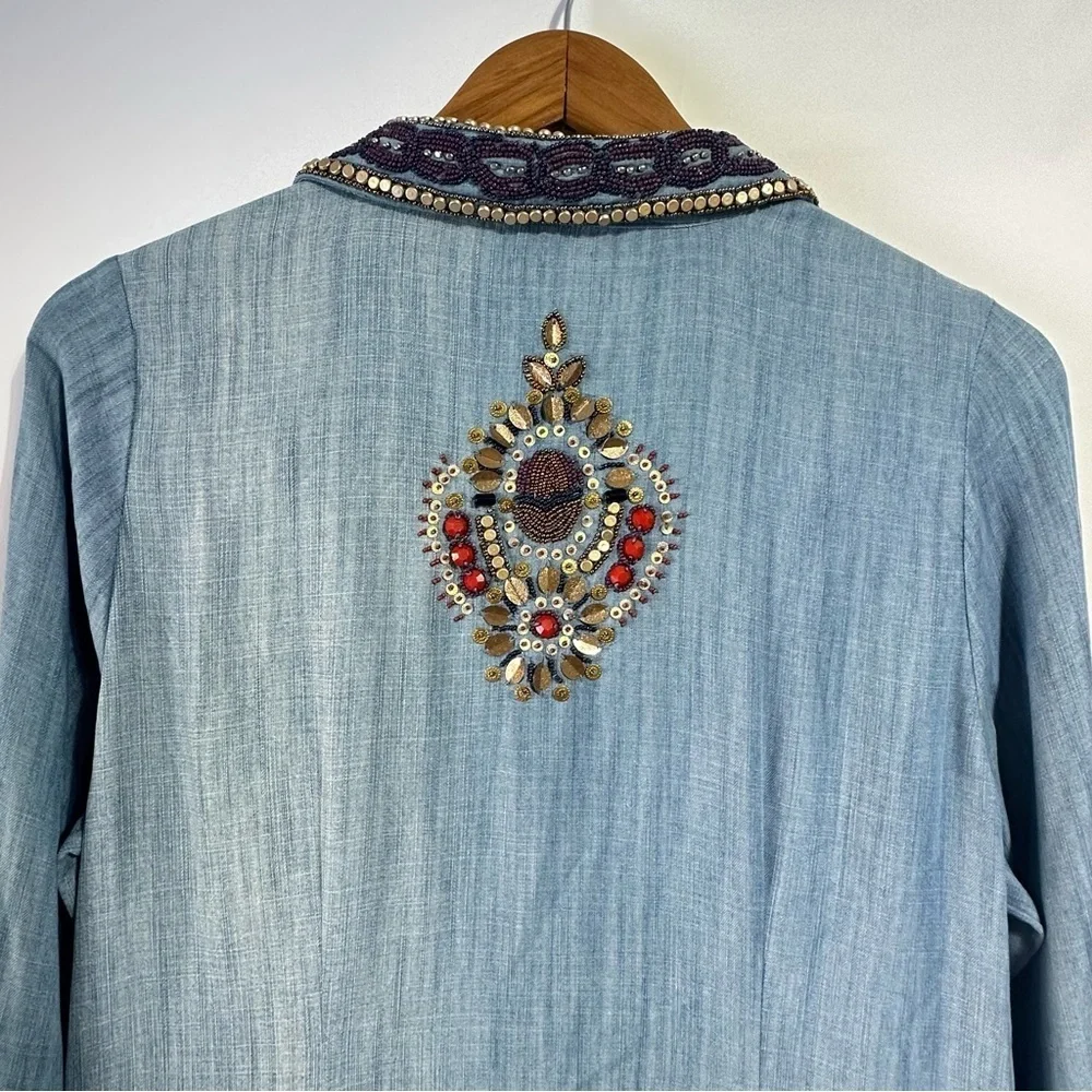 NWT Soft Surroundings Morena Duster denim jewel beaded boho long cardigan Medium - Picture 7 of 13